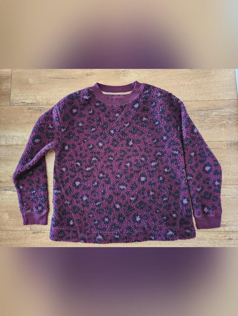 UGG Teddy Sherpa Fleece Pullover Sweatshirt M PETITE Purple Animal Print Cozy